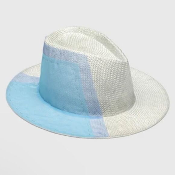 NWT New! Eugenia Kim Blaine Straw Fedora Sun Hat in Seafoam Blue. Colorblock. OS - Picture 1 of 12